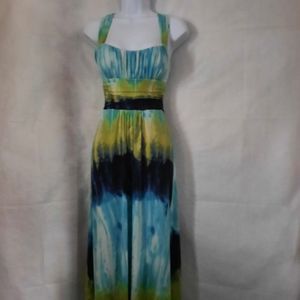 B. Darlin Halter Style Tie Dyed Turquoise Navy & Lime Maxi Dress Size 0